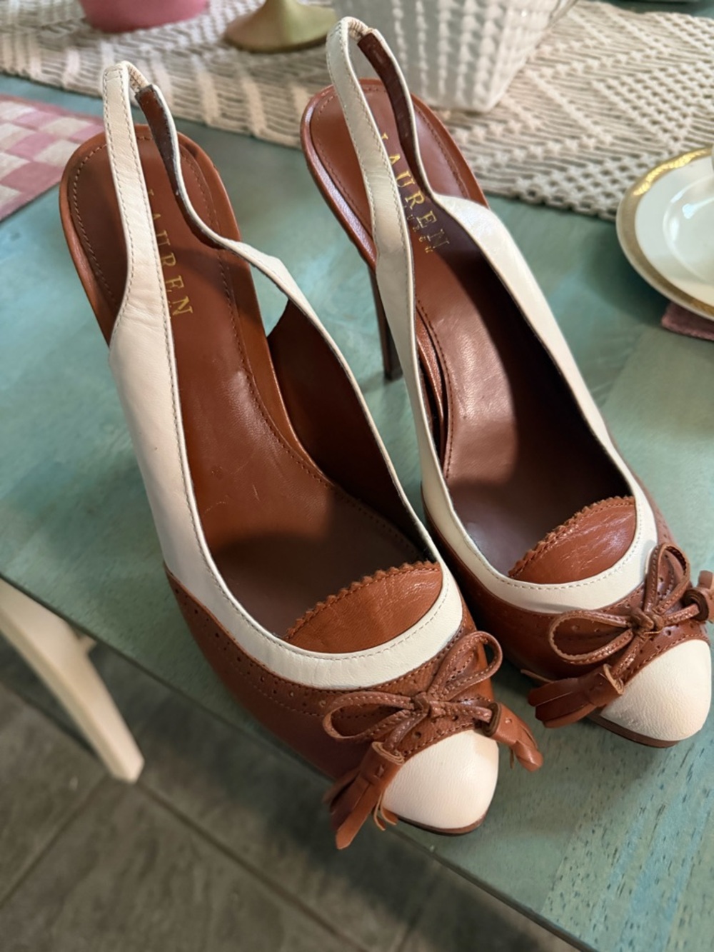 Ralph Lauren Two-Tone Brown and White Leather Slingback Pumps with Bow